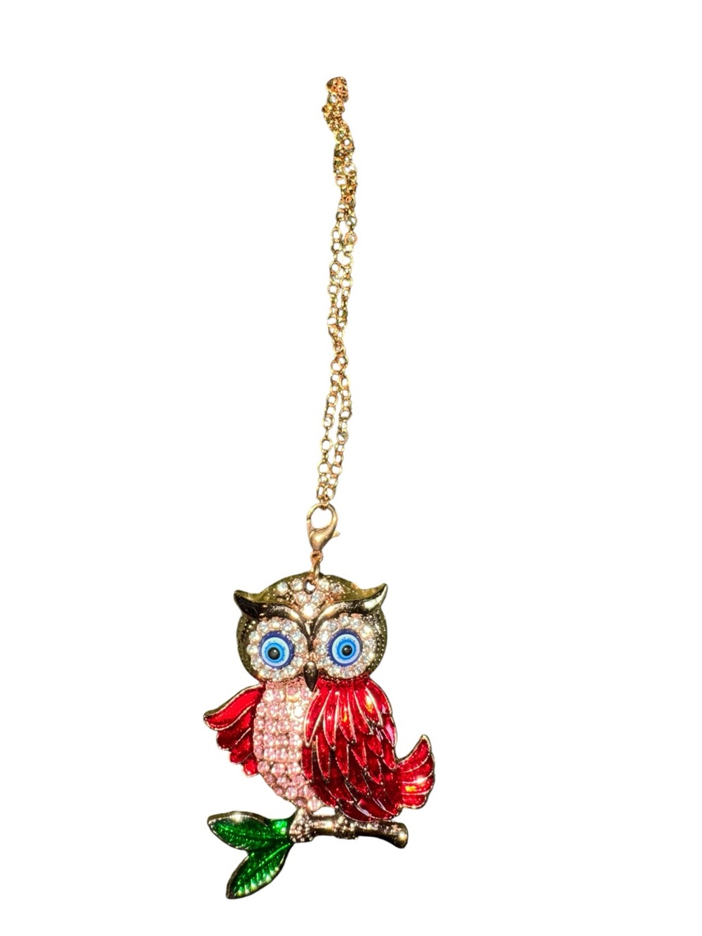 Gold Owl Pendant Necklace with Red and Pink Enamel